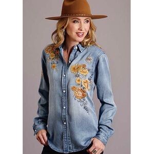 NWT Stetson Chambray Embroidered Floral Western Button Down Shirt Womens Large